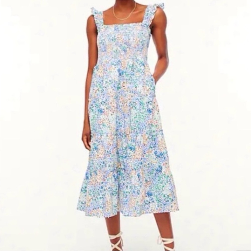 J. CREW | Floral Print Smocked Tiered Midi Cotton Dress | Size M
